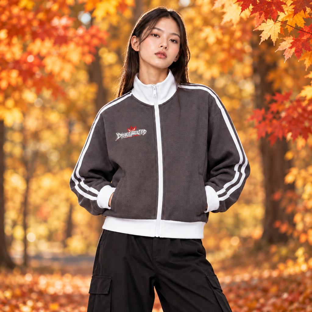 Contrast Side Stripe Fleece Cropped Track Jacket