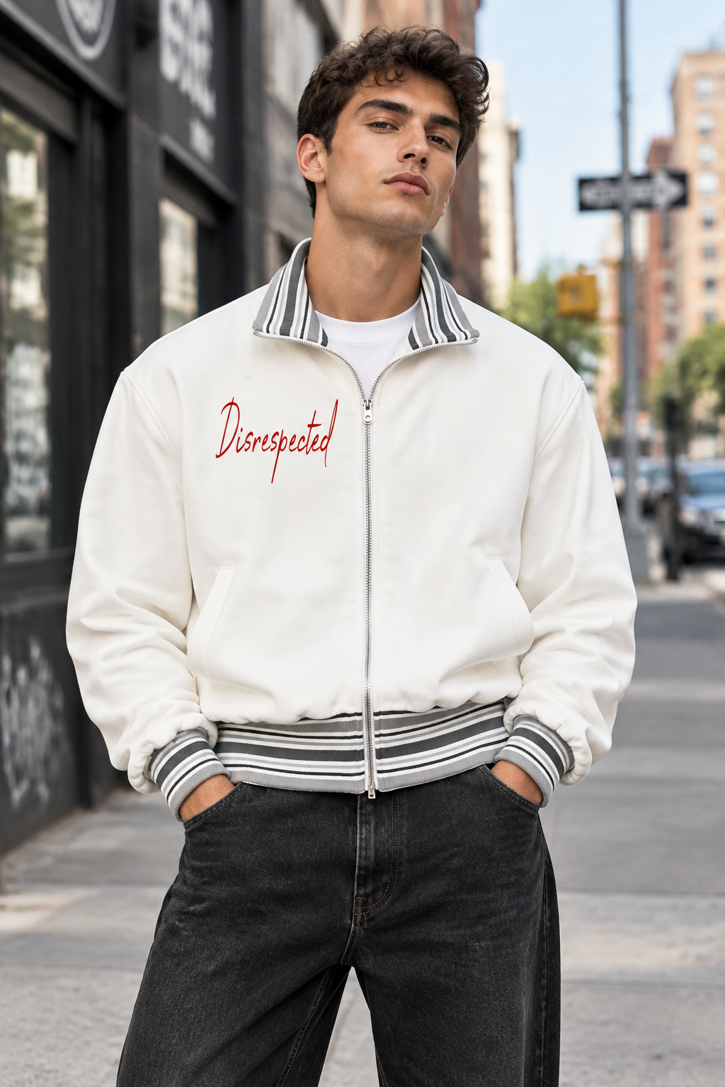 Striped Rib Collar Zip Jacket