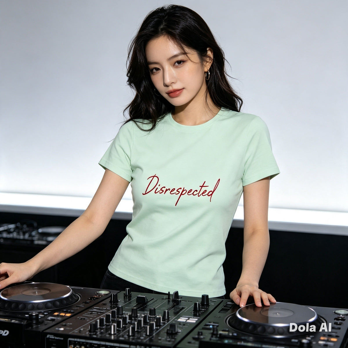 Disrespected Clothing light green short sleeve crewneck t-shirt worn by a woman DJing at a music console
