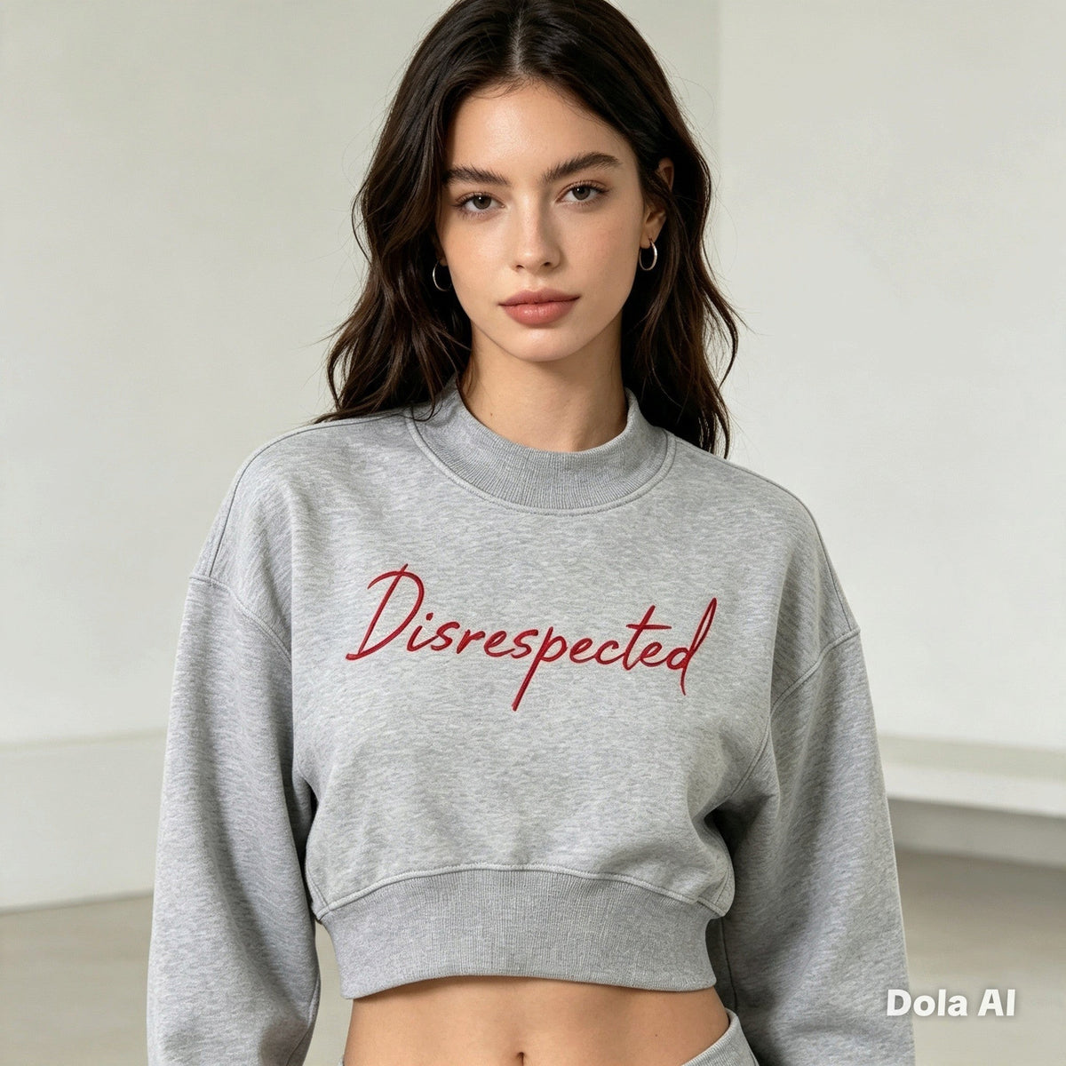 Disrespected Clothing grey cropped mock neck sweatshirt with red script logo and drop shoulder lantern sleeves.