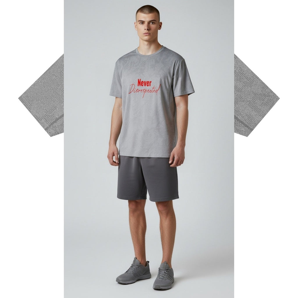 Disrespected Clothing grey jacquard mesh T-shirt with red Never Disrespected text, worn by a male model.
