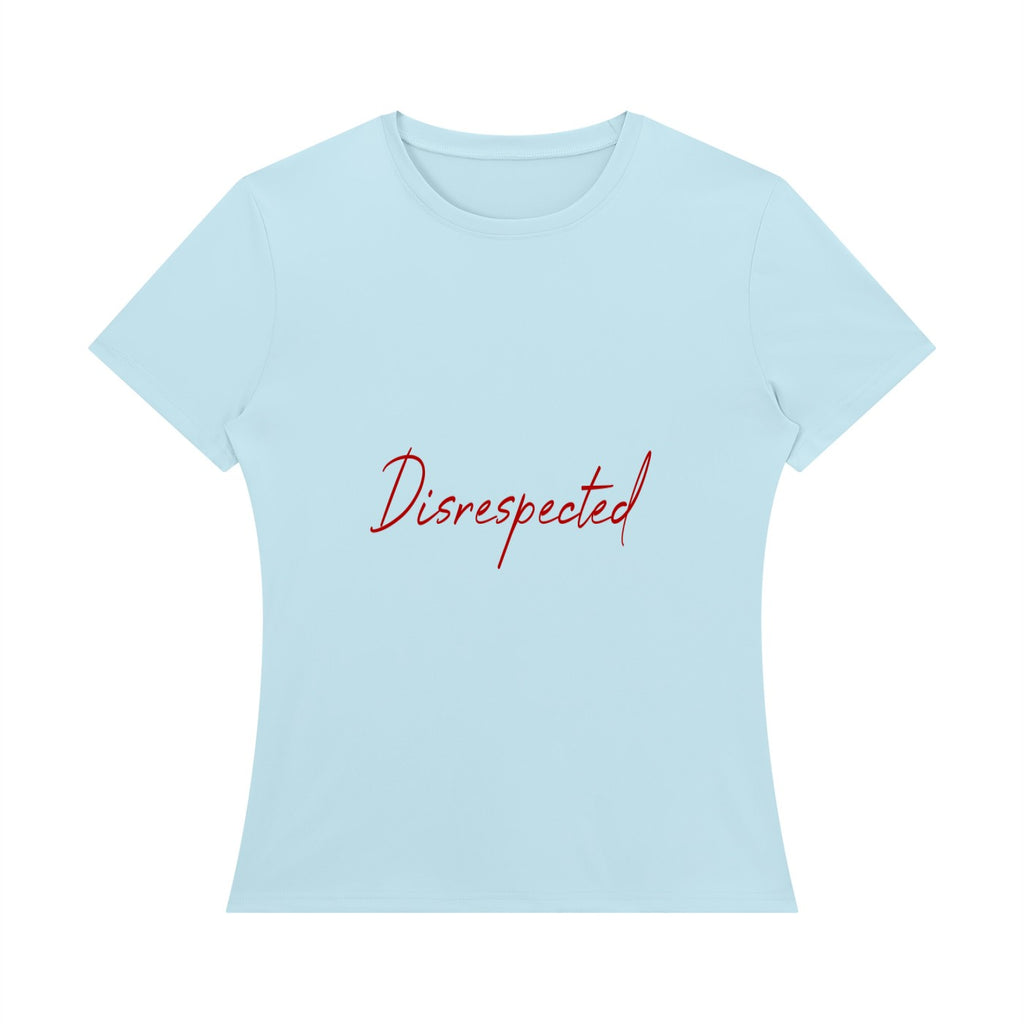 Disrespected Clothing light blue short sleeve crewneck t-shirt with red cursive logo print on the chest