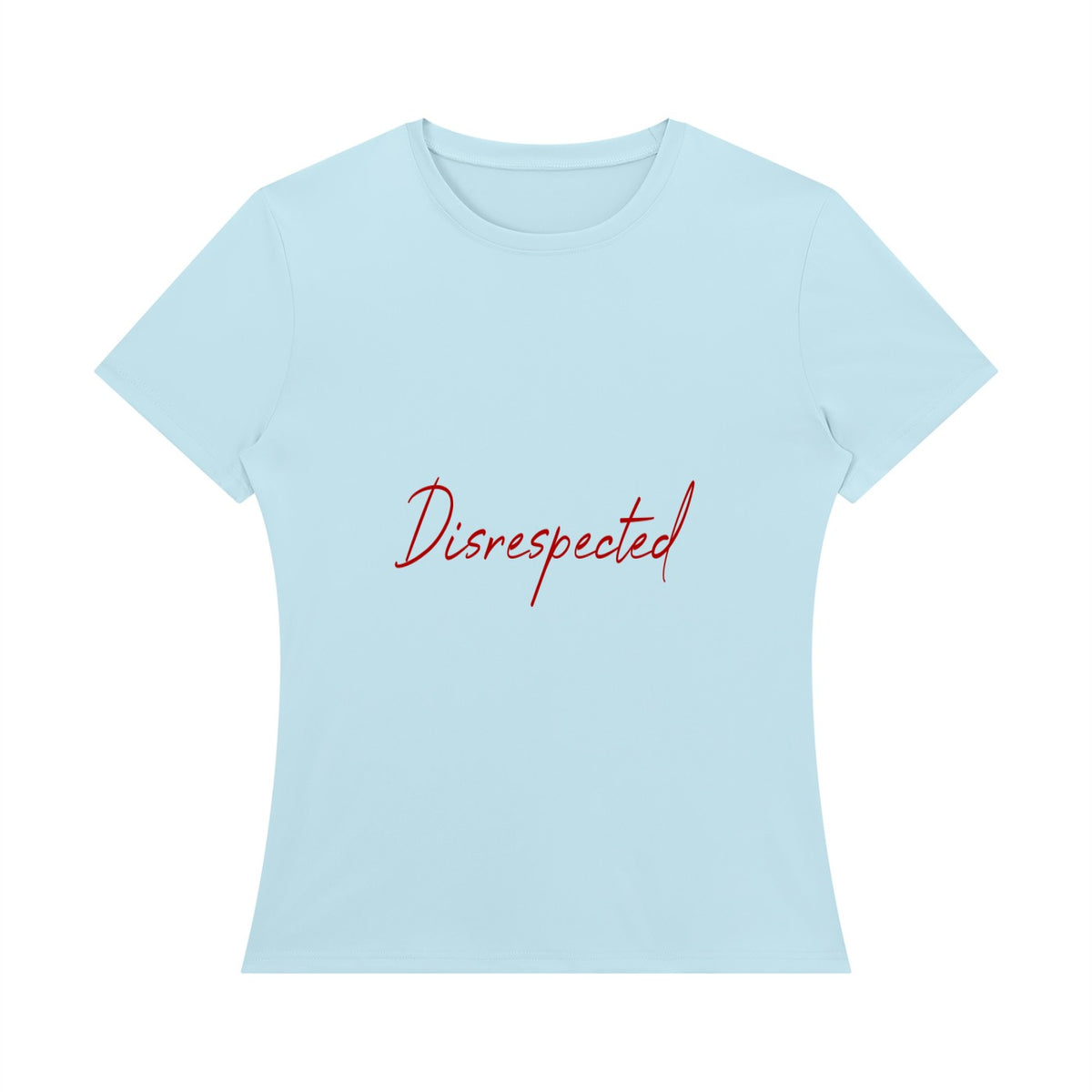 Disrespected Clothing light blue short sleeve crewneck t-shirt with red cursive logo print on the chest