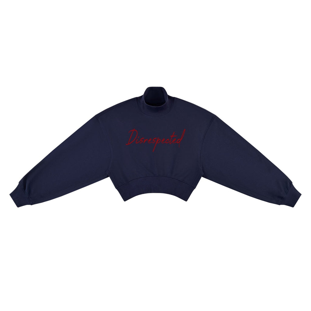 Disrespected Clothing navy blue cropped mock neck sweatshirt with drop shoulders and red script logo on the chest.