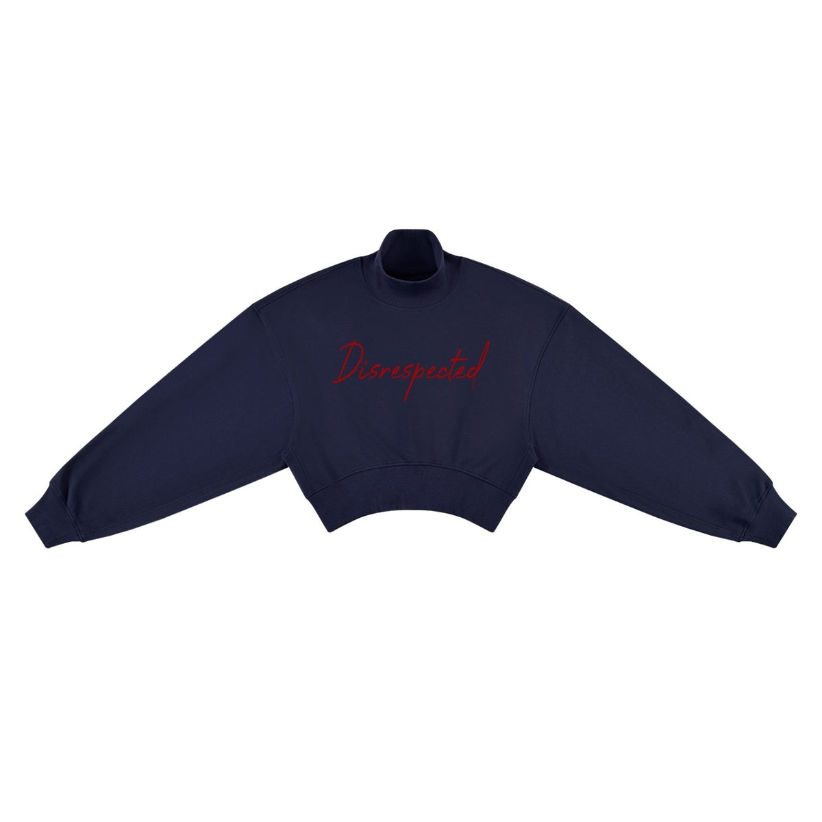Disrespected Clothing navy blue cropped mock neck sweatshirt with drop shoulders and red script logo on the chest.