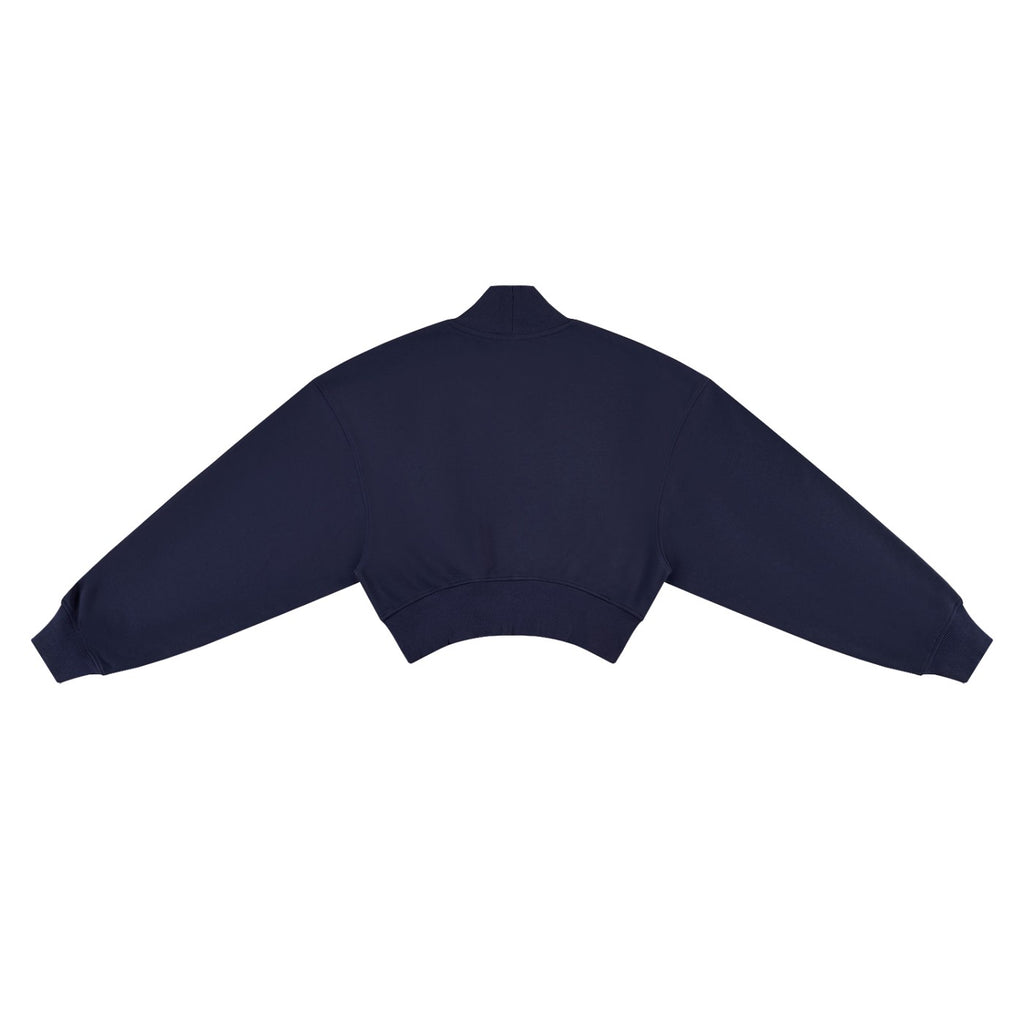 Back view of a Disrespected Clothing navy blue cropped mock neck sweatshirt with drop shoulders and ribbed details.