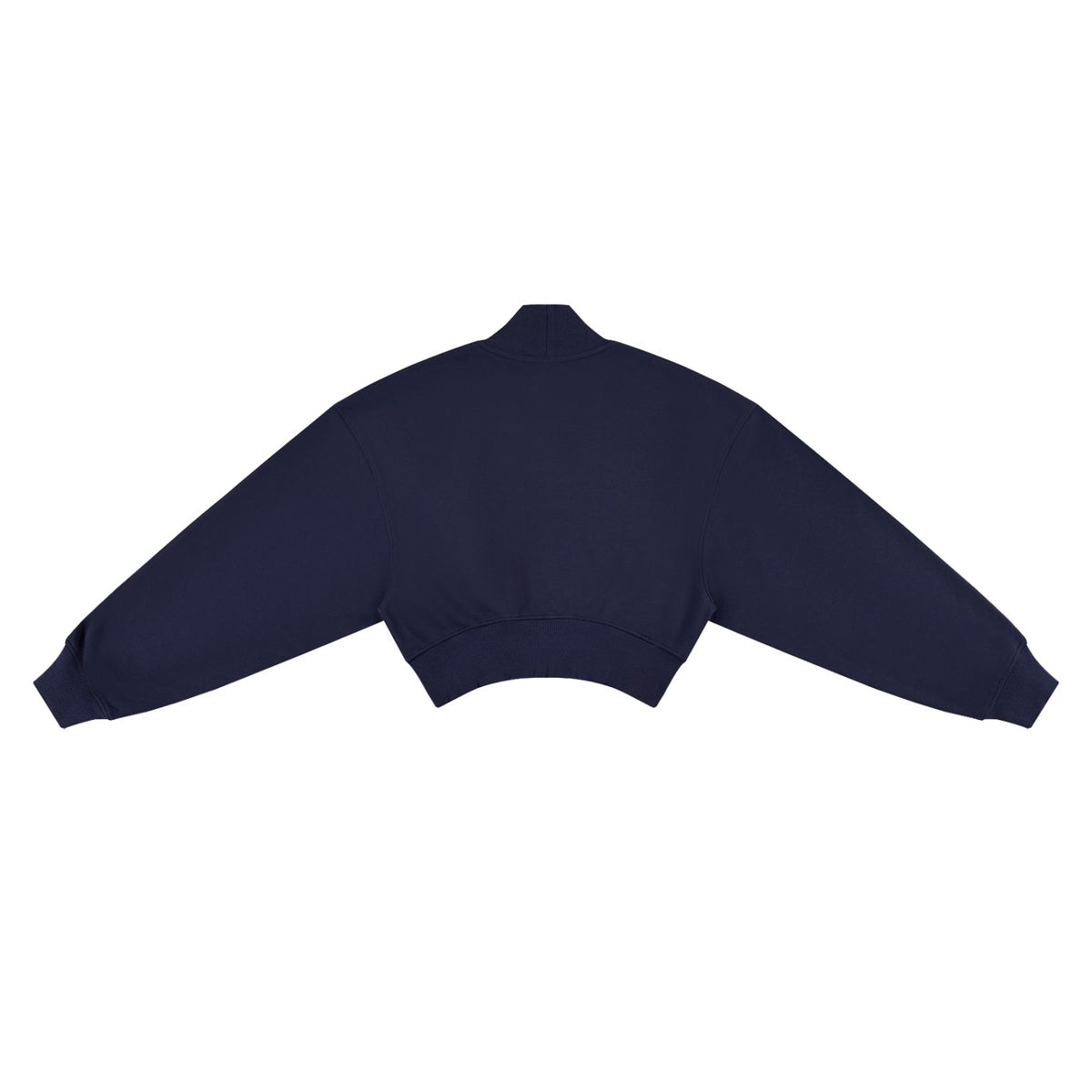 Back view of a Disrespected Clothing navy blue cropped mock neck sweatshirt with drop shoulders and ribbed details.