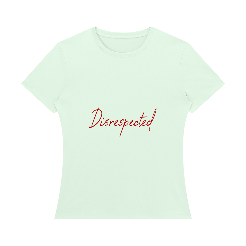 Disrespected Clothing women's pastel green regular fit t-shirt with red script logo graphic on the chest
