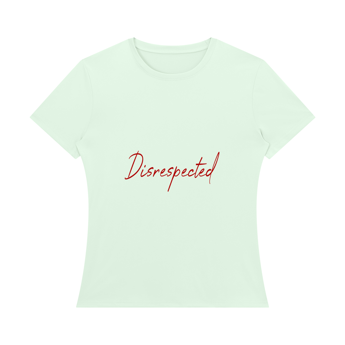 Disrespected Clothing women's pastel green regular fit t-shirt with red script logo graphic on the chest