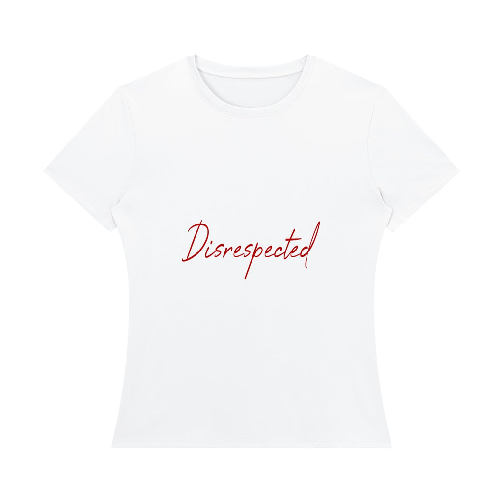 Disrespected Clothing white short sleeve crewneck t-shirt with red cursive brand logo on the chest.