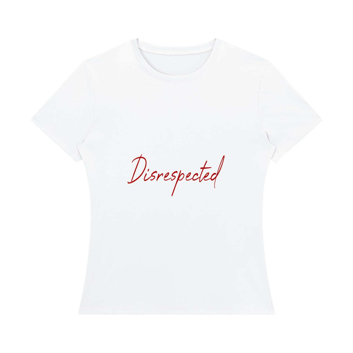 Disrespected Clothing white short sleeve crewneck t-shirt with red cursive brand logo on the chest.